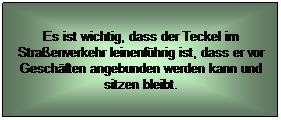 Textfeld: Es ist wichtig, dass der Teckel im Straenverkehr leinenfhrig ist, dass er vor Geschften angebunden werden kann und sitzen bleibt.
