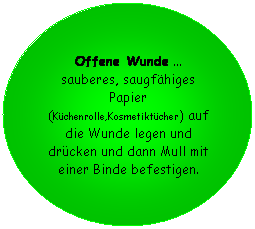 Ellipse: Offene Wunde ... sauberes, saugfähiges Papier (Küchenrolle,Kosmetiktücher) auf die Wunde legen und drücken und dann Mull mit einer Binde befestigen.