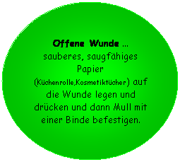 Ellipse: Offene Wunde ... sauberes, saugfhiges Papier (Kchenrolle,Kosmetiktcher) auf die Wunde legen und drcken und dann Mull mit einer Binde befestigen.
