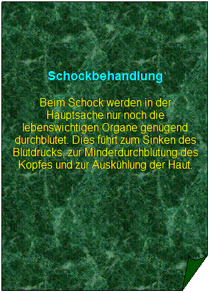 Gefaltete Ecke: Schockbehandlung
Beim Schock werden in der Hauptsache nur noch die lebenswichtigen Organe gengend durchblutet. Dies fhrt zum Sinken des Blutdrucks, zur Minderdurchblutung des Kopfes und zur Auskhlung der Haut.
 
