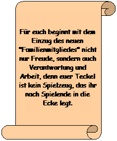 Vertikaler Bildlauf: Fr euch beginnt mit dem Einzug des neuen "Familienmitgliedes" nicht nur Freude, sondern auch Verantwortung und Arbeit, denn euer Teckel ist kein Spielzeug, das ihr nach Spielende in die Ecke legt. 
 
